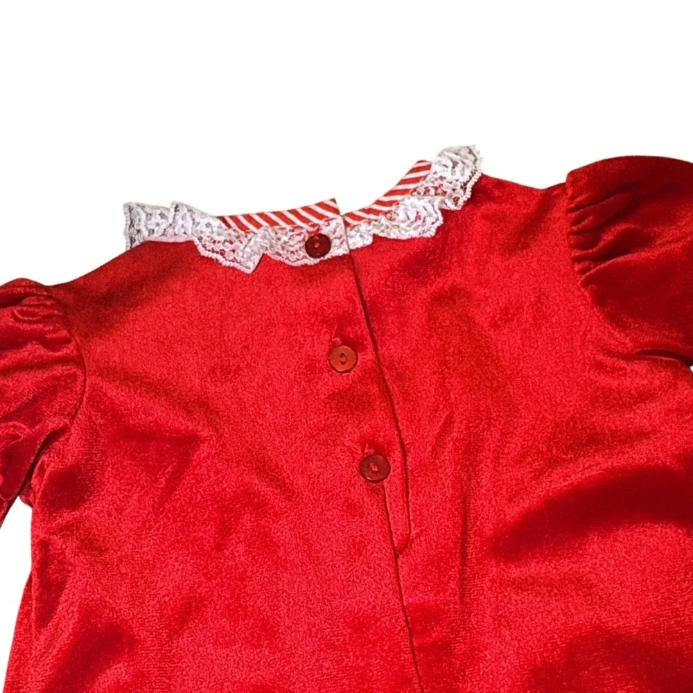 Vintage Evy Red Velvet Baby Romper Candy Stripe Infant Holiday Outfit Lace Sz 3M